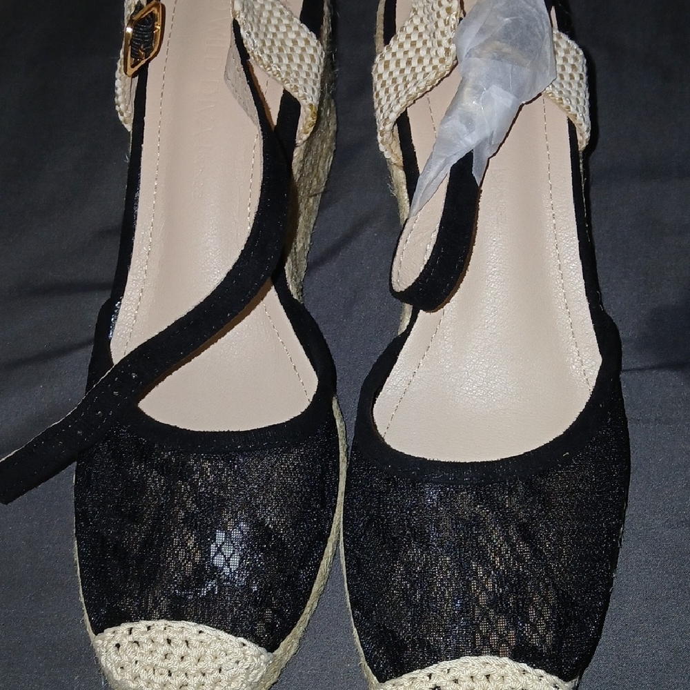 Fashion Nova Black Lace Espadrille Wedges with Cream Braided Trim